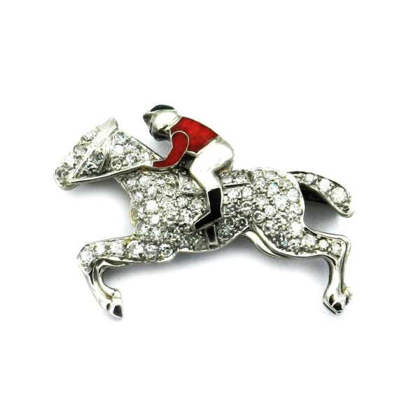 Antike Diamant Brosche Platin Jockey mit Pferd und Reiter Novelty kaufen Stephanie Bohm Schmuck