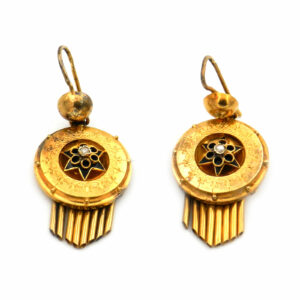 Biedermeier Ohrringe in 14 K Gold emailliert mit Perle und Fransenbehang, um 1850