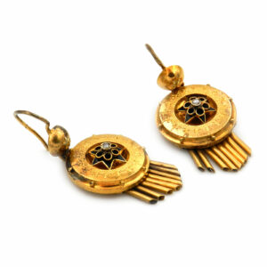 Biedermeier Ohrringe in 14 K Gold emailliert mit Perle und Fransenbehang, um 1850
