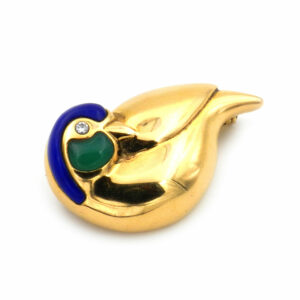 Gold Brosche Vogel mit Lapis Lazuli grünem Achat & Diamant, um 1970