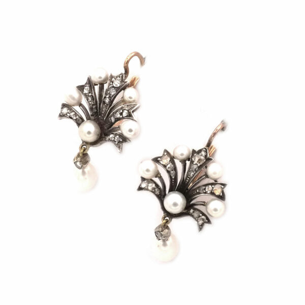 Antike Ohrringe Perl Diamant Gold Silber Faecher kaufen Stephanie Bohm Antikschmuck