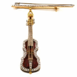 Gold Diamant Brosche Violine Stradivari Geige 18K emaille Vintage kaufen Stephanie Bohm Antiker Schmuck