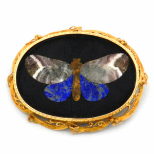 Antike Pietra Dura Mosaik 18K Gold Brosche Schmetterling kaufen Stephanie Bohm Antikschmuck