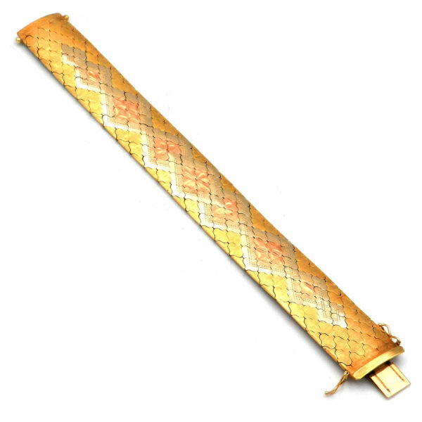Gold Armband 585 14K echt Gold dreifarbig Vintage breit Teppichmuster kaufen Stephanie Bohm Antiker Schmuck1a