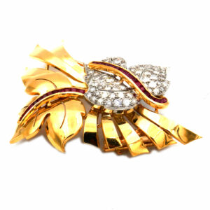 Diamant Rubin 18k Gold Brosche Retro kaufen Stephanie Bohm Antiker Schmuck