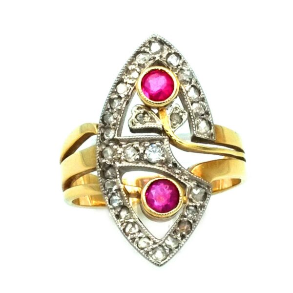 Rubin Diamant Gold Ring Art Deco Stil Oval Schiffchen kaufen Stephanie Bohm Antikschmucka