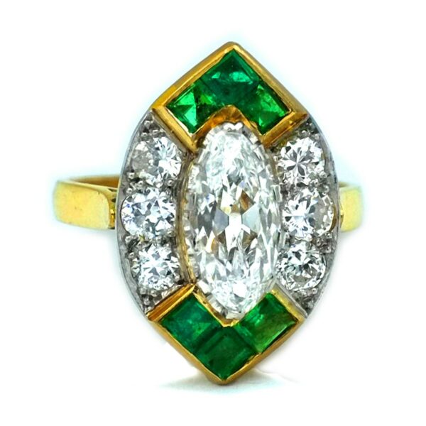 Art Deco 1 Karat Diamant Marquise Ring Smaragd Schiffchen 18K Gold kaufen Stephanie Bohm Antikschmuck