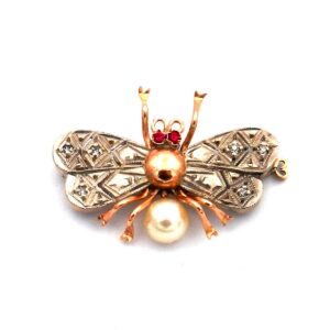 Gold Brosche Schmetterling 585 14K Rotgold Rubin Perle kaufen Stephanie Bohm Antikschmuck