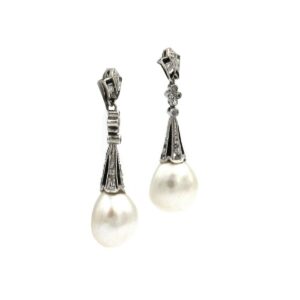 Perl Ohrringe Salzwasser Naturperle Diamanten Onyx Art Deco antik Weiß gold kaufen Stephanie Bohm antikschmuck