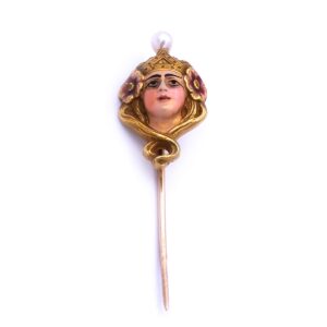 Antike Jugendstil Reversnadel 14K 585 Gold Emaille Mucha Style Krawattennadel Pin Art Nouveau kaufen Stephanie Bohm Antikschmuck