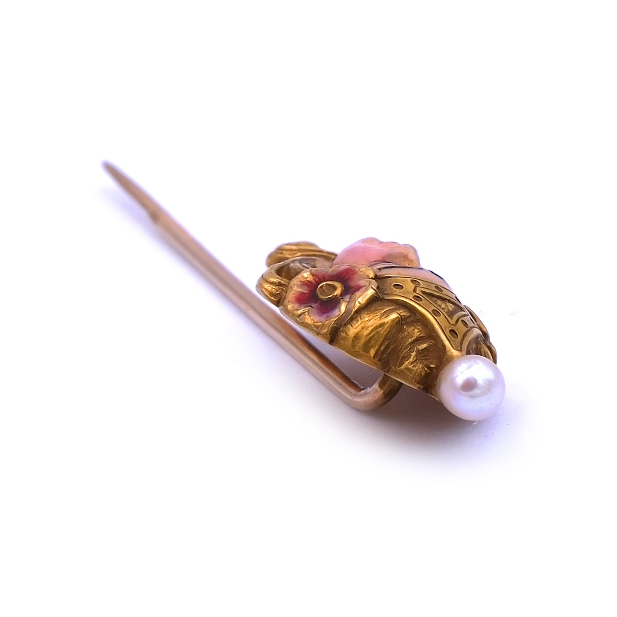 Jugendstil Reversnadel mit emailliertem Frauenbildnis im Style Mucha- Krawattennadel in 14K Gold um 1910 – Bild 4