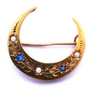 Biedermeier Halbmond Brosche 18K 750 Gold Saphire Perlen kaufen Stephanie Bohm Antikschmuck