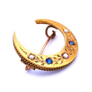 Biedermeier Halbmond Brosche 18K 750 Gold Saphire Perlen kaufen Stephanie Bohm Antikschmuck