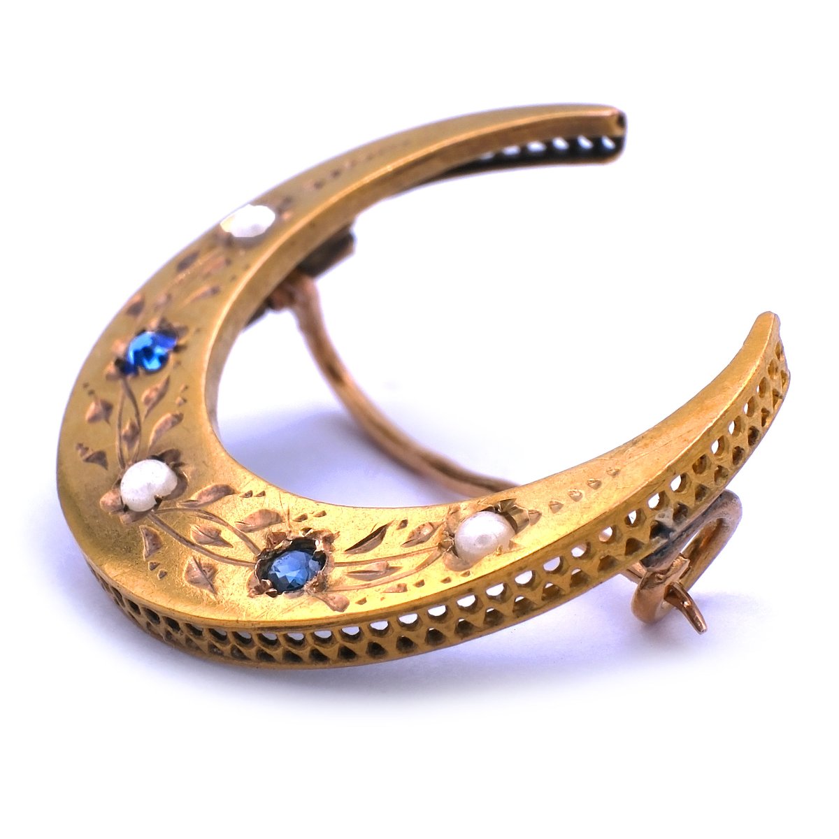 Biedermeier Halbmond Brosche 18K 750 Gold Saphire Perlen kaufen Stephanie Bohm Antikschmuck