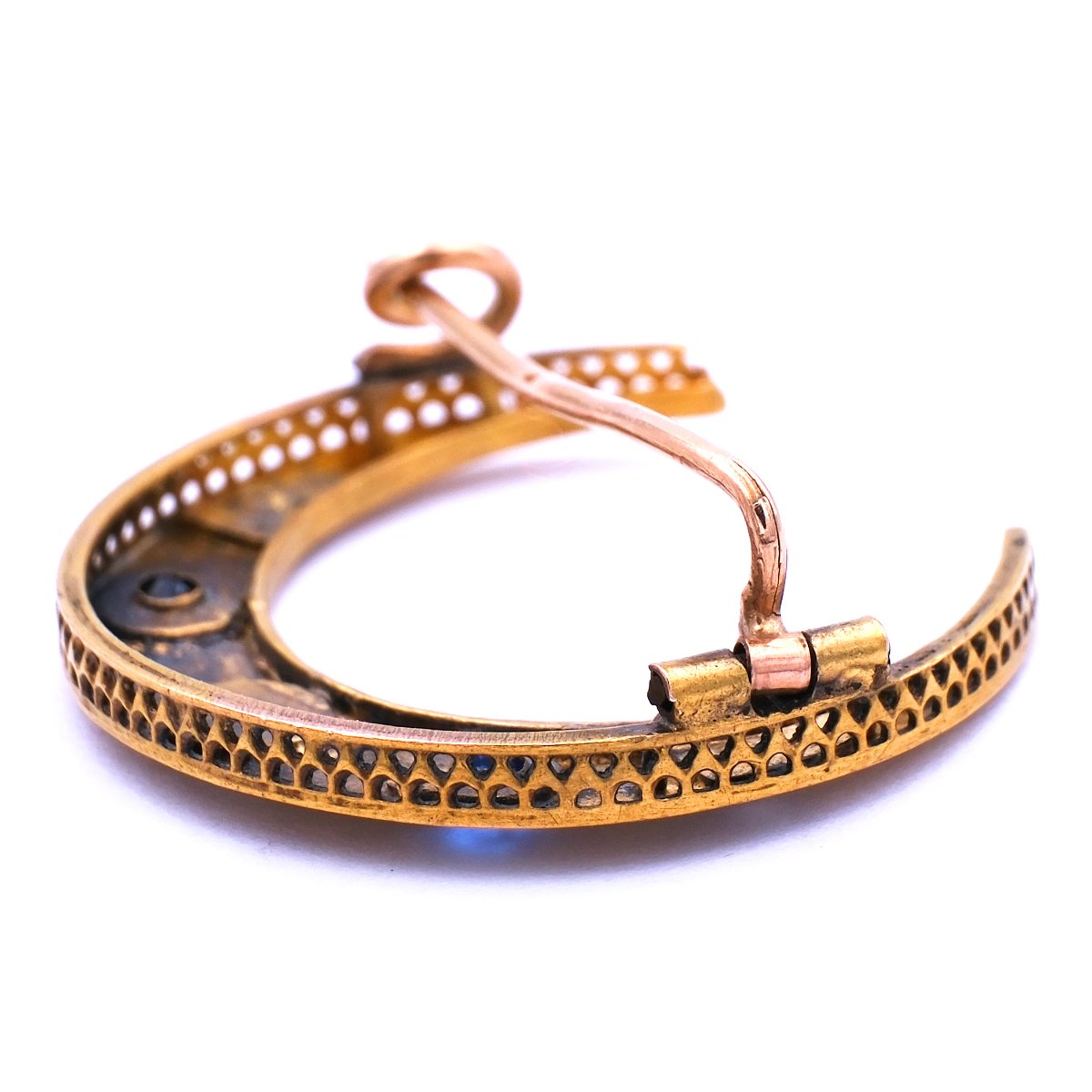 Biedermeier 18K Gold Brosche als Halbmond mit Saphiren und Orientperlen um 1860 – Bild 5
