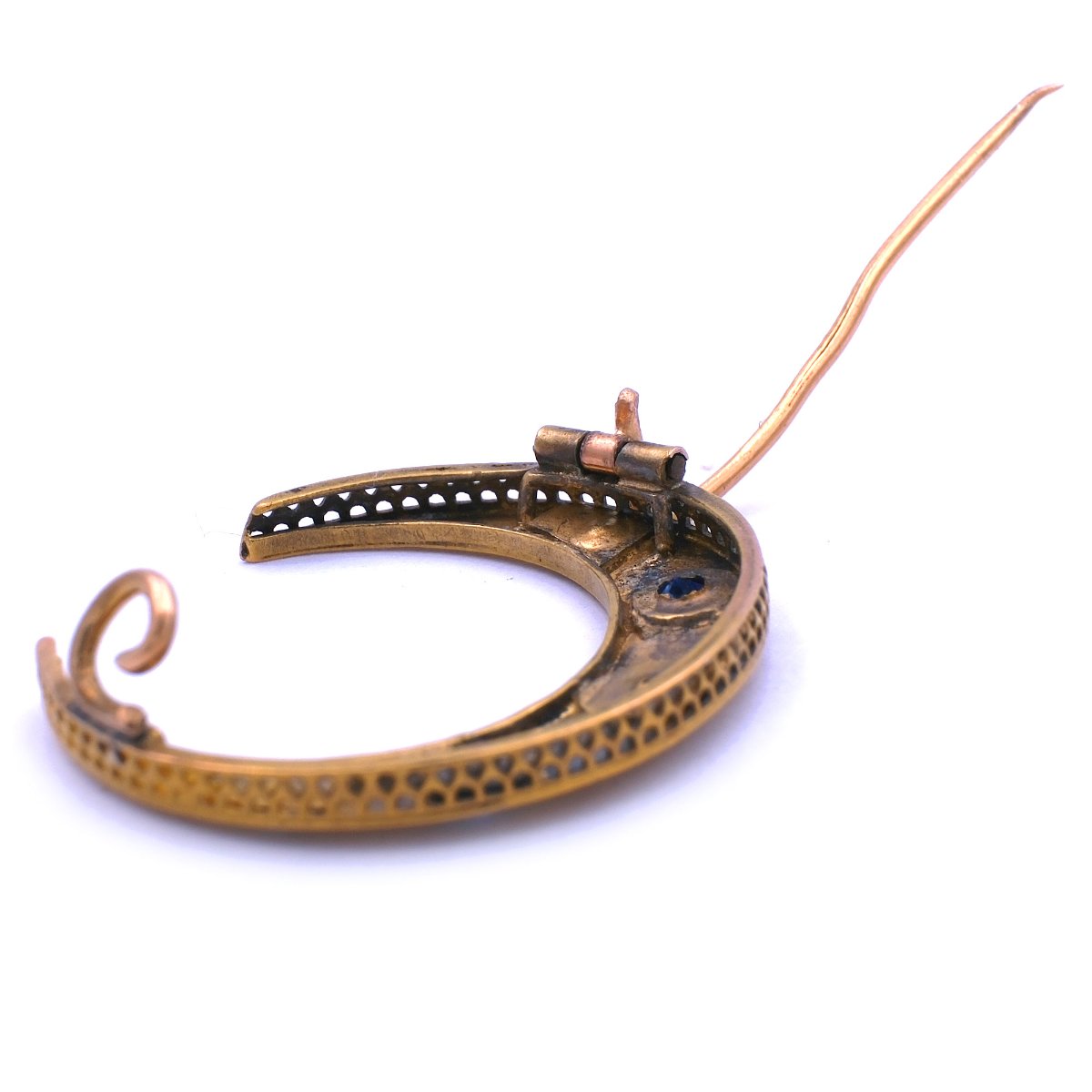 Biedermeier 18K Gold Brosche als Halbmond mit Saphiren und Orientperlen um 1860 – Bild 6