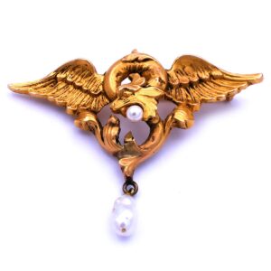 Jugendstil Gold Brosche Chimaere Drachen Perlen 750 Gold Paris Frankreich Art Nouveau kaufen Stephanie Bohm Antiker Schmuck