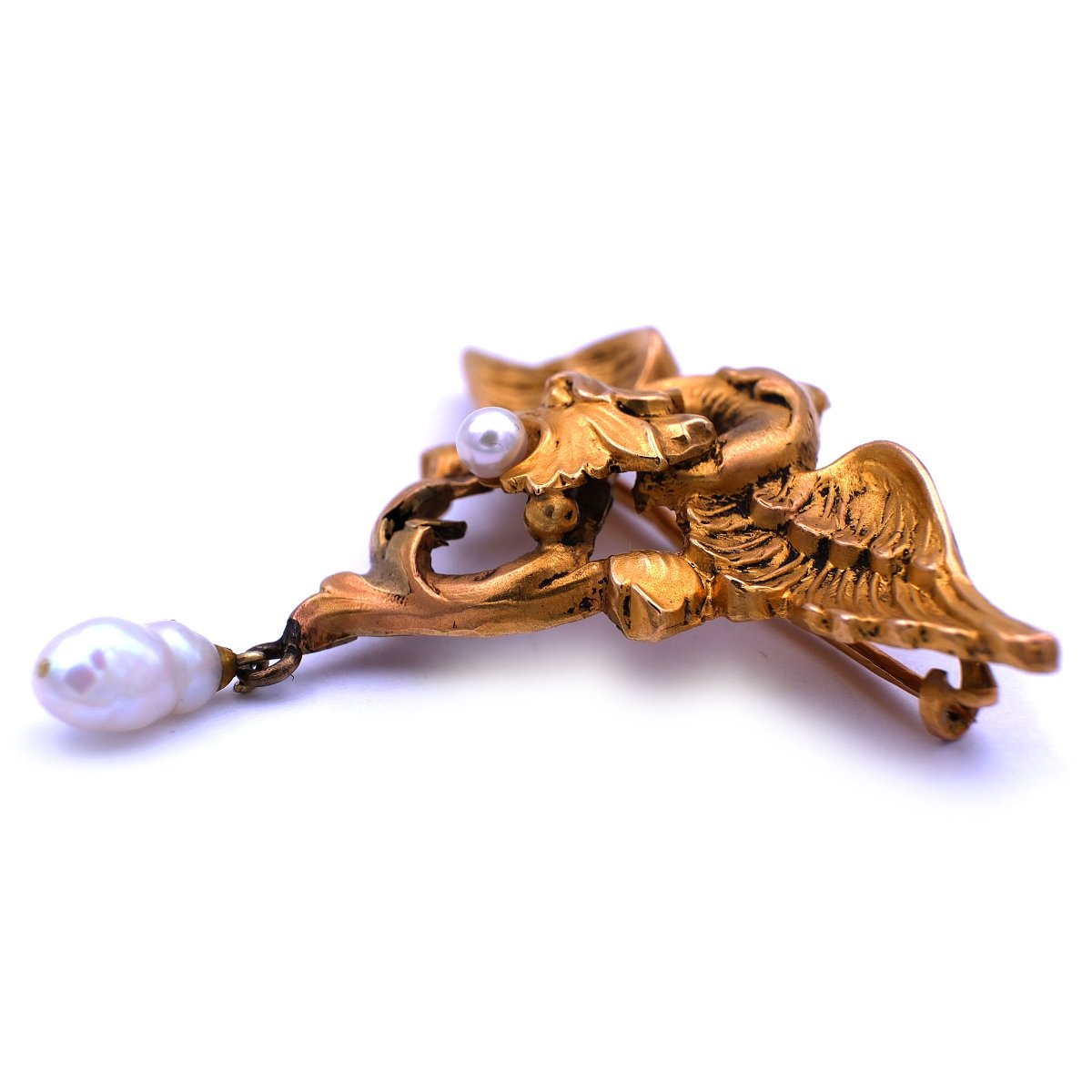 Elegante Jugendstil Gold Brosche als Chimäre mit Orientperlen, Frankreich um 1900 – Bild 3