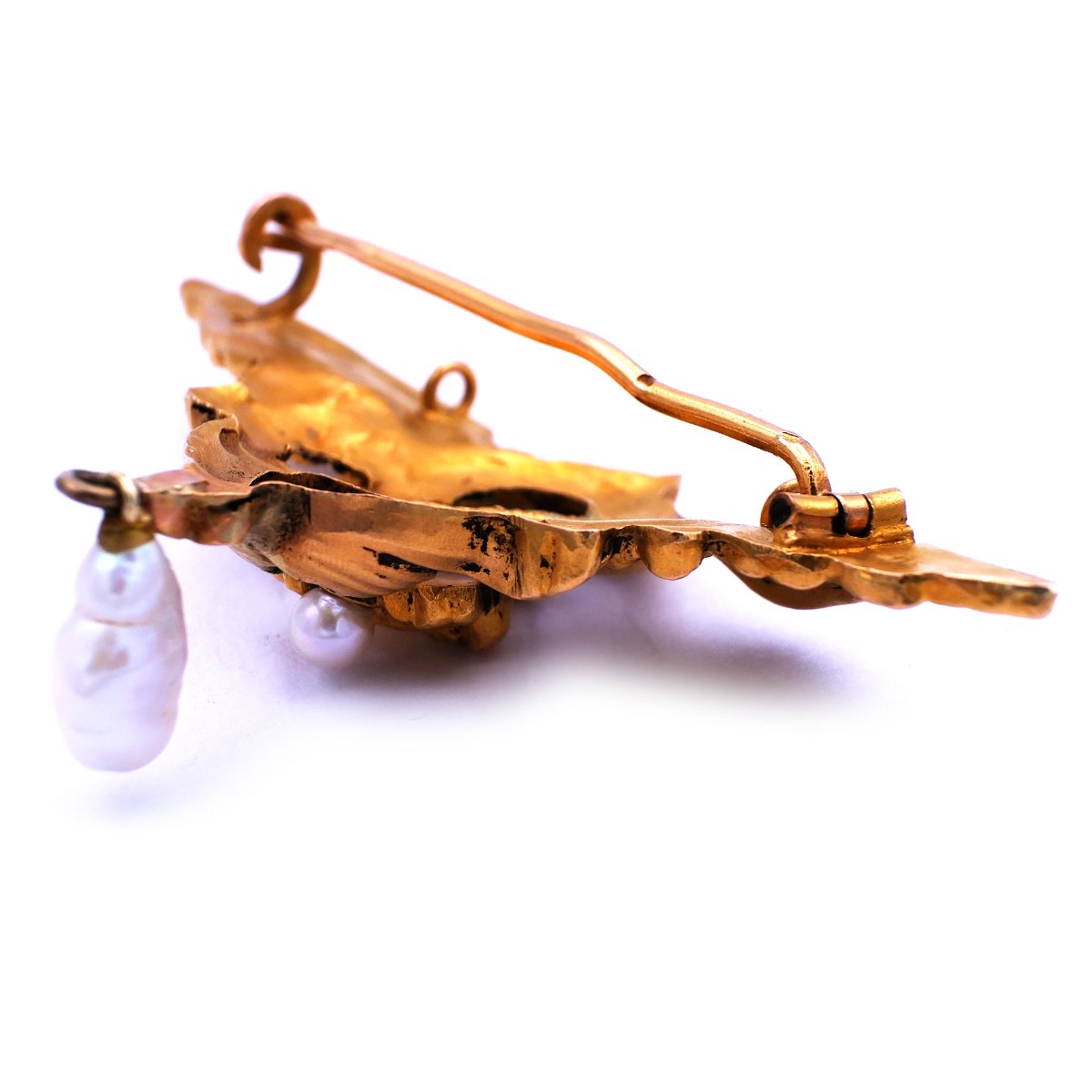 Elegante Jugendstil Gold Brosche als Chimäre mit Orientperlen, Frankreich um 1900 – Bild 6