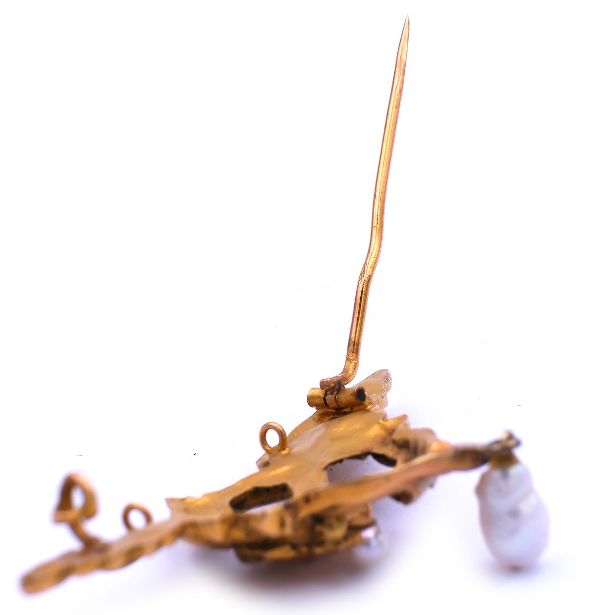 Elegante Jugendstil Gold Brosche als Chimäre mit Orientperlen, Frankreich um 1900 – Bild 5