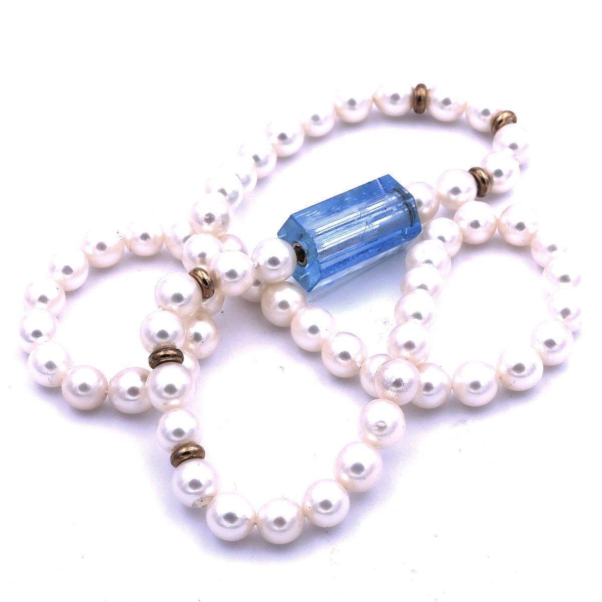 Perlenkette Akoya Salzwasserperlen 7mm Aquamarin Patentschliesse 750 18K Gold kaufen Stephanie Bohm Secondhand Schmuck