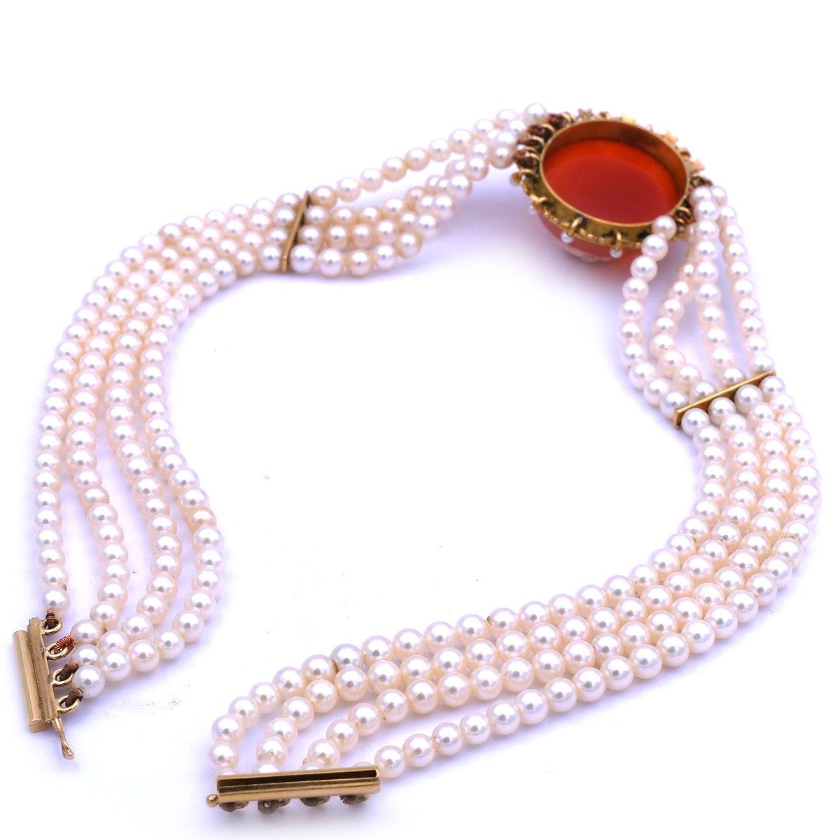 Akoya Perlencollier mit Antiker 18K Gold Kamee Achatgemme als 4-reihiges Collier de Chien um 1870 und später – Bild 8