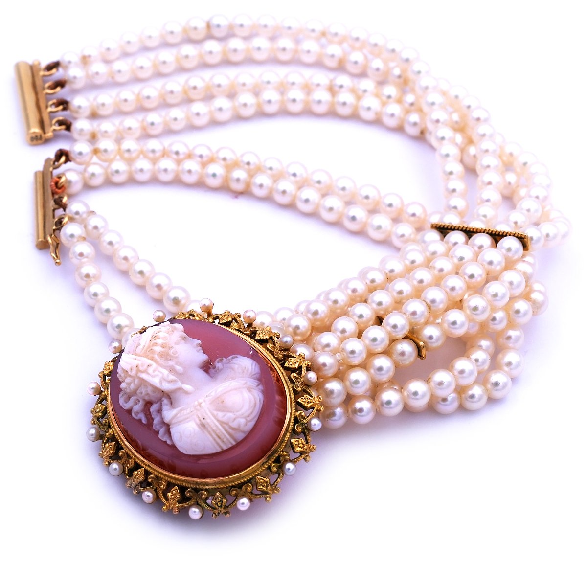 Akoya Perlencollier mit Antiker 18K Gold Kamee Achatgemme als 4-reihiges Collier de Chien um 1870 und später – Bild 4