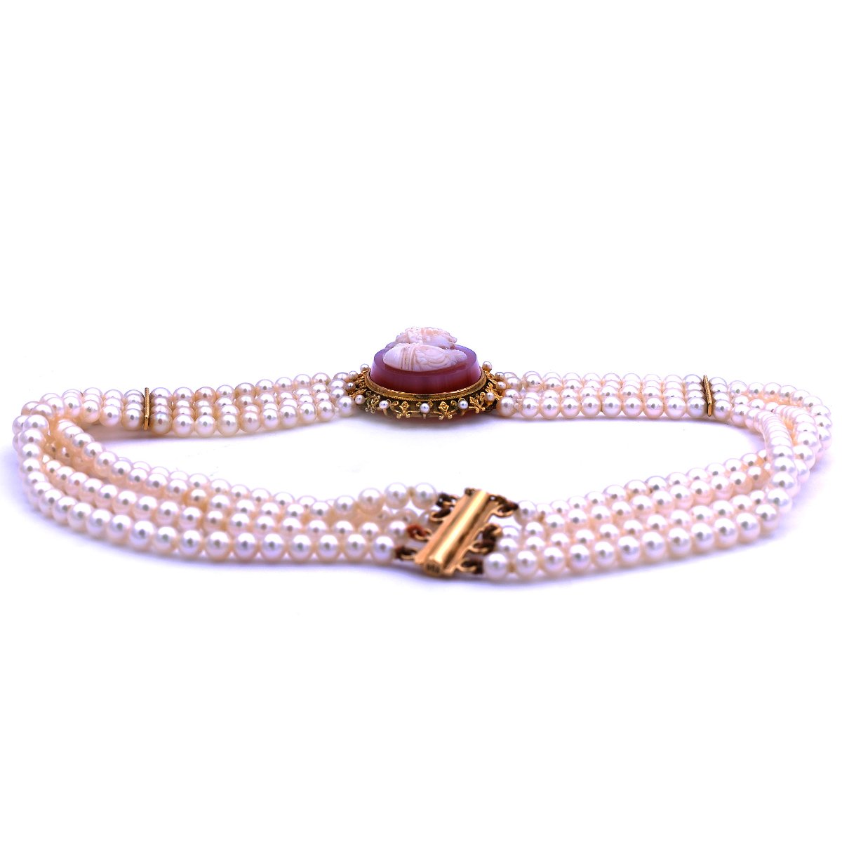Akoya Perlencollier mit Antiker 18K Gold Kamee Achatgemme als 4-reihiges Collier de Chien um 1870 und später – Bild 7