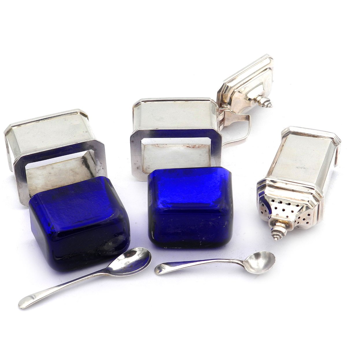 Silber Menage - 5 tlg. Gewürzset Set aus Sterling Silber & Kobaltblaues Glas, Birmingham 1955 – Bild 6