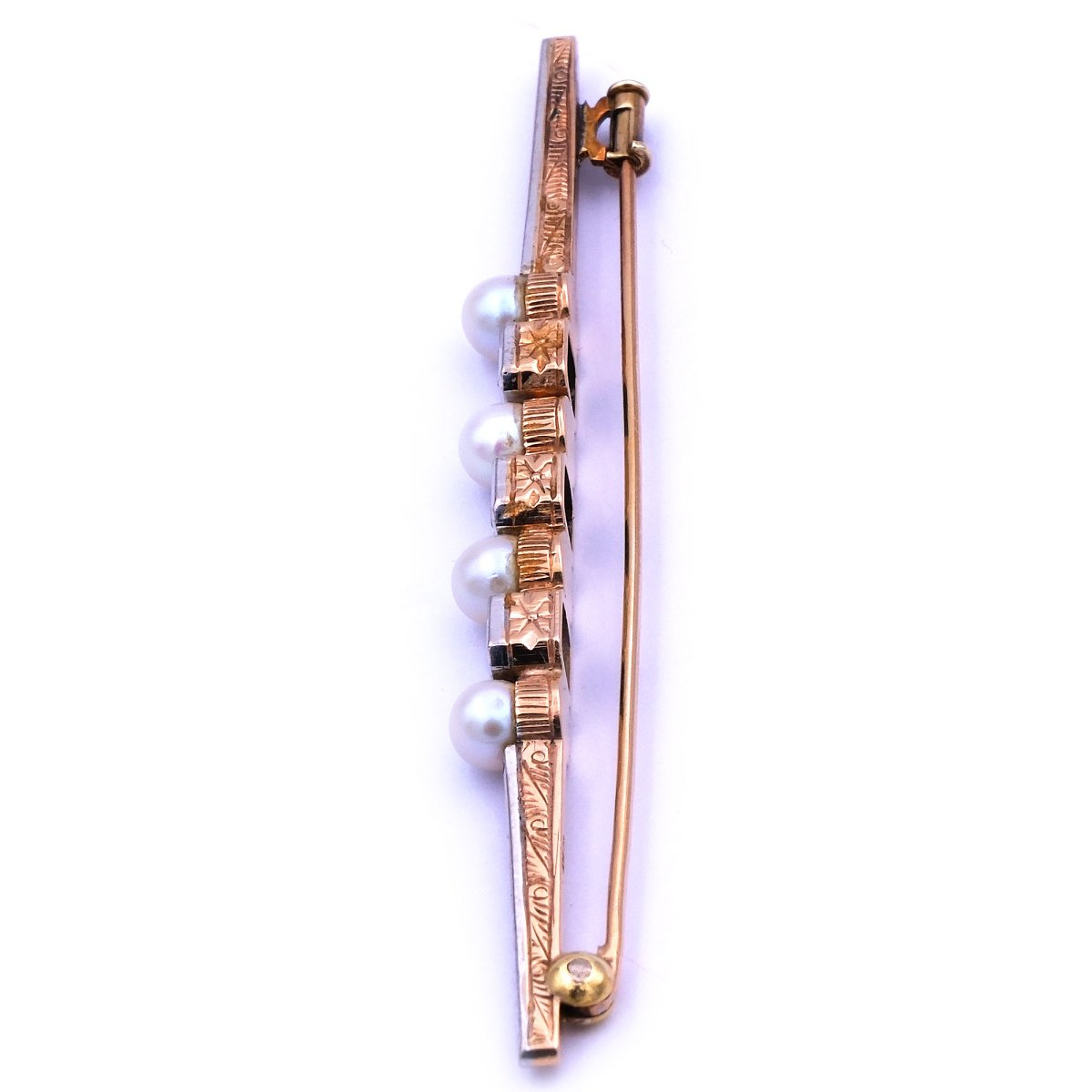 Perlen Diamant Brosche mit 0.4 ct Brillanten als Stabbrosche in 14K Gold um 1930 – Bild 3