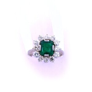 Smaragd Diamant Ring Entouragering Weissgold 585 14K Vintage Luxusschmuck gebraucht kaufen Stephanie Bohm Antiker Schmuck
