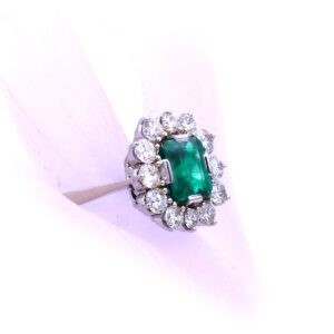 Smaragd Diamant Ring Entouragering Weissgold 585 14K Vintage Luxusschmuck gebraucht kaufen Stephanie Bohm Antiker Schmuck